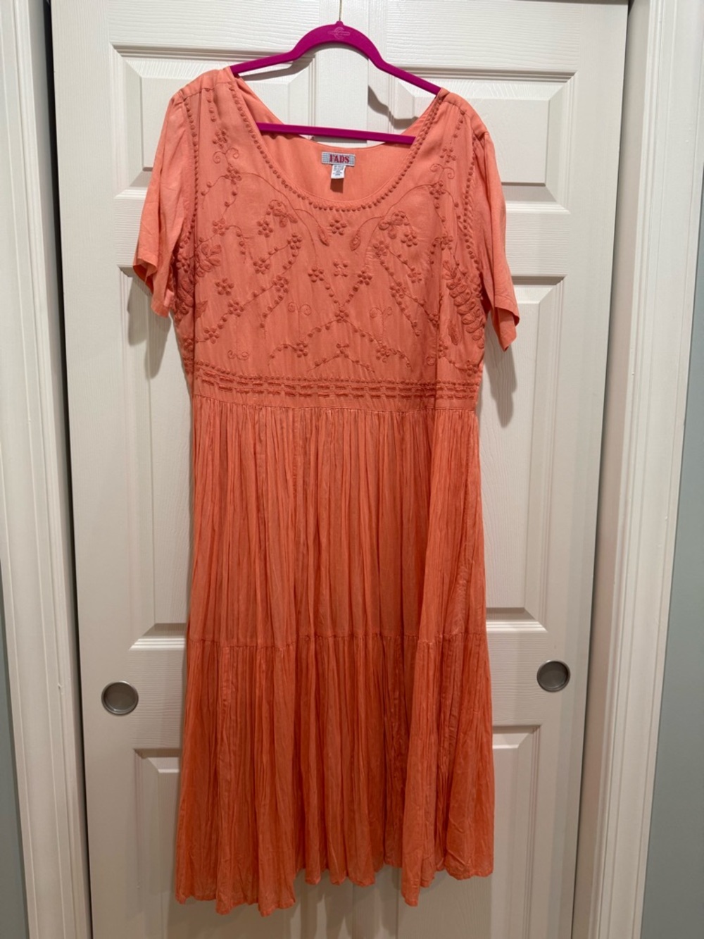 Embroidered Coral Boho Midi Dress 1XL.